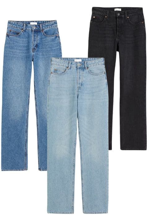 wardrobe essential straight leg jeans, black jeans, light blue jeans, dark wash jeans