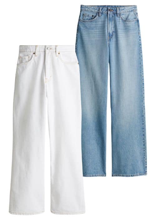 wardrobe staples wide leg jeans, white wide-leg jeans, light blue wide-leg jeans