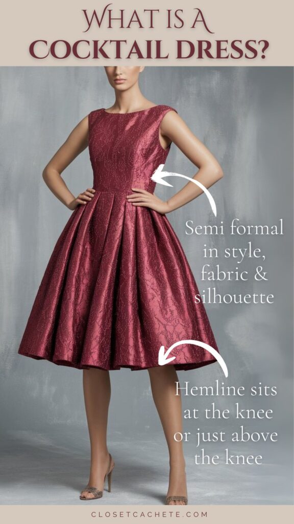 an illustration showing a woman in a cocktail dress, the text reads "what is a cocktail dress", an arrow points to the hemline to show the length of a cocktail dress