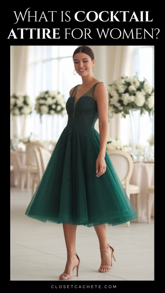 title text saying "what is cocktail attire for women" and a woman in a green cocktail dress at a cocktail event