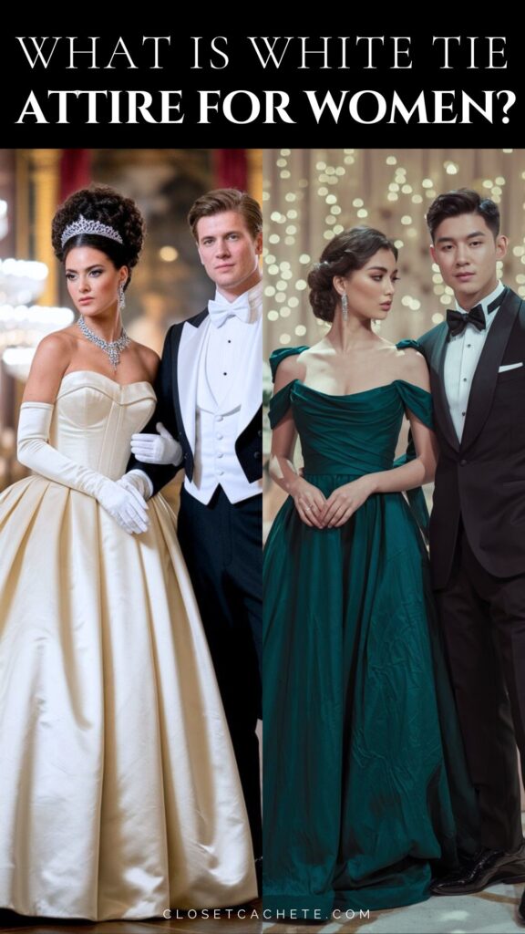 one couple wearing traditional white tie attire and a second couple wearing a more contemporary version of white tie attire. text title says what is white tie attire for women