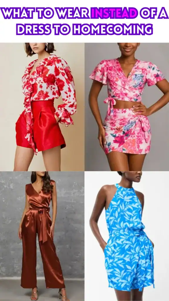 what to wear instead of a dress to homecoming; dressy shorts oufit, coord skirt set, dressy jumpsuit,  playful romper