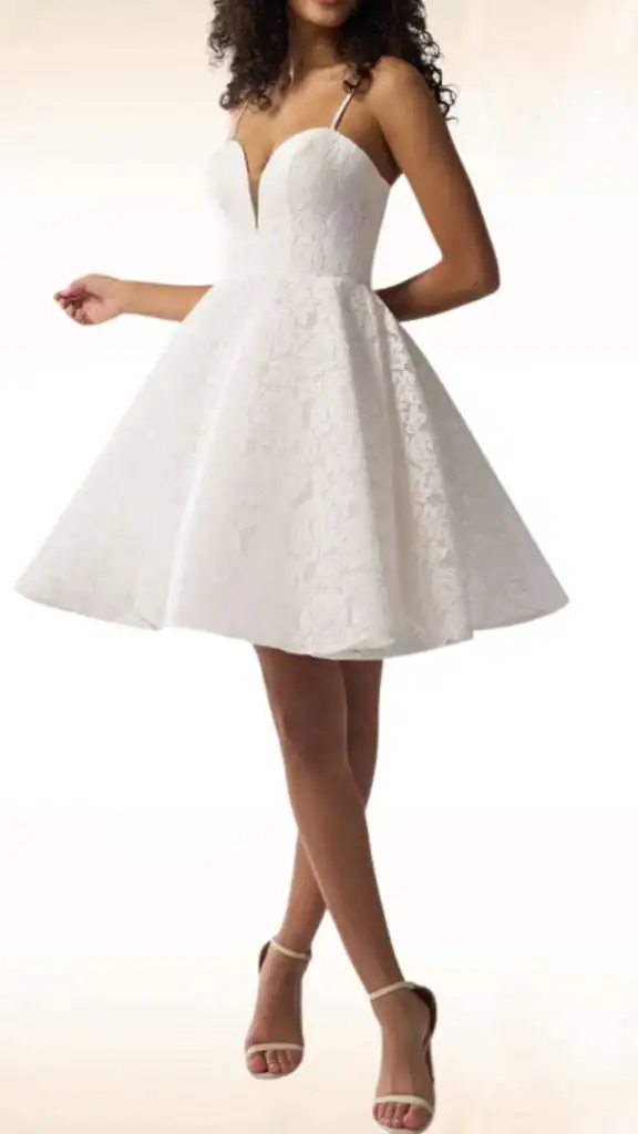 teenage girl wearing white a-line sweetheart neckline hoco dress