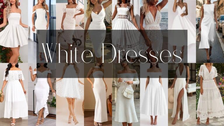 The image displays a collection of white dresses featuring a variety of styles, including off-the-shoulder, fitted, and A-line silhouettes. These dresses are made from diverse fabrics like chiffon, lace, and cotton, showcasing textures from smooth to delicate and airy. The predominant color is bright white, with some dresses incorporating subtle patterns such as lace detailing or floral embroidery. The lengths vary from mini to full-length, often enhanced by design details like pleats, ruching, or strategic cutouts. Overall, the vibe ranges from romantic to elegant, catering to occasions such as weddings, formal events, and casual outings.