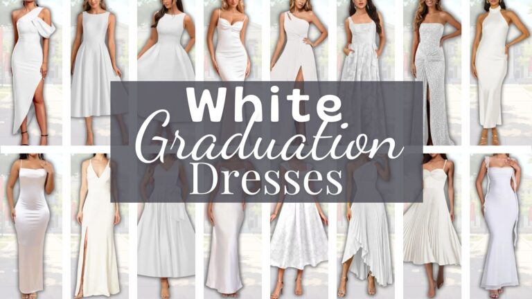 The image showcases a variety of white graduation dresses, featuring different styles such as fitted, flowy, and elegant designs. Each dress exhibits unique details like slits, off-the-shoulder cuts, and intricate textures, appealing to diverse personal tastes. The backdrop suggests a celebratory outdoor setting, enhancing the overall presentation of the dresses.