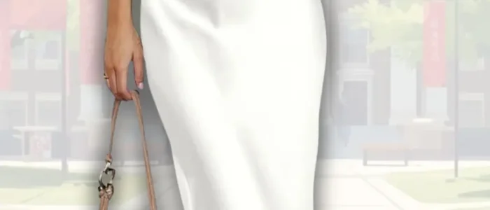 white-graduation-dress-with-satin-finish-2025-12-14T01:17:44.000Z A model poses in a floor-length, strapless white graduation dress that features a smooth, satin finish. She holds a small, beige handbag and wears strappy, nude heels, framing a graceful silhouette against a softly blurred outdoor background.
