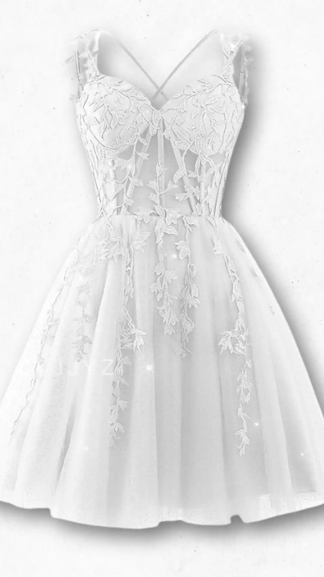 This white homecoming dress features a fitted bodice adorned with intricate floral embroidery and delicate straps, leading to a flared tulle skirt that adds volume. The overall design exudes a romantic and ethereal vibe, making it ideal for a formal event or school dance, perfect for teenage girls who seek a whimsical and elegant style.