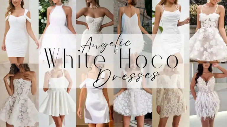 This collection of white homecoming dresses features a range of styles from sleek, fitted silhouettes to playful, voluminous skirts, crafted from materials like satin, tulle, and intricate lace, often adorned with floral appliqués or sequins. With an ethereal color palette focused on pristine white, these designs exude a romantic and trendy vibe, perfect for formal events such as homecoming or prom, tailored for teenage girls seeking a standout look.