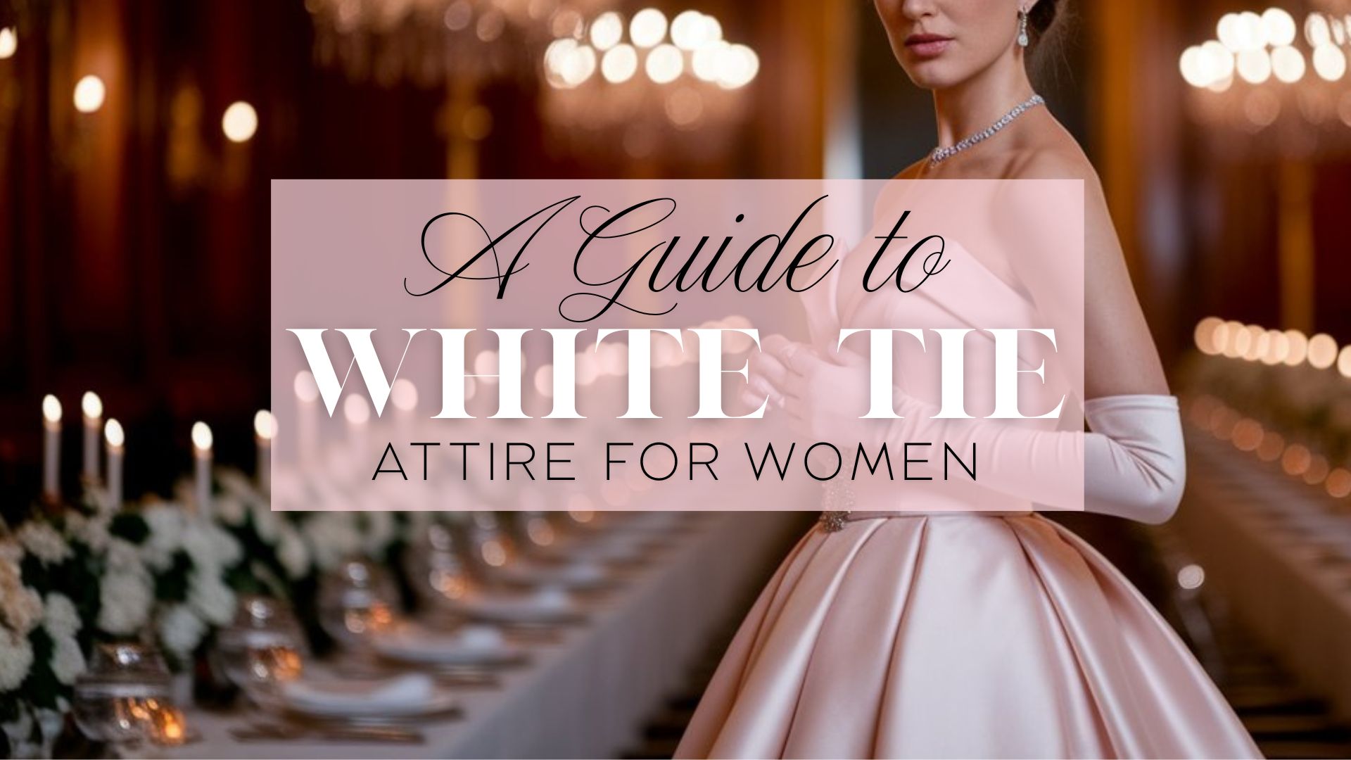 a woman dressed in white tie attire standing in a elegant room at a white tie stately dinner
