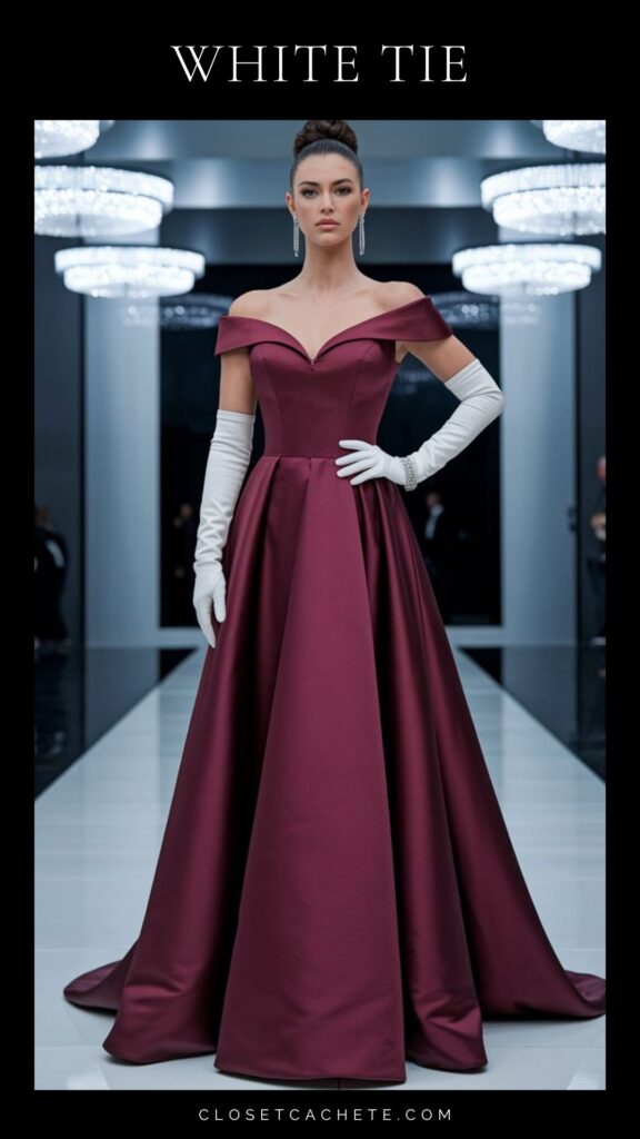 woman wearing a burgundy gown and white opera gloves suitable for white tie attire