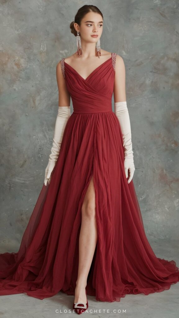 The dress features a deep burgundy fabric with a flowing, layered skirt and a thigh-high slit, elegantly showcasing the wearer's leg. The fitted bodice has a v-neckline and is adorned with sparkling embellishments on the shoulder straps, complemented by long white gloves and elegant drop earrings. This ensemble embodies the sophistication and glamour expected in white tie attire for women.