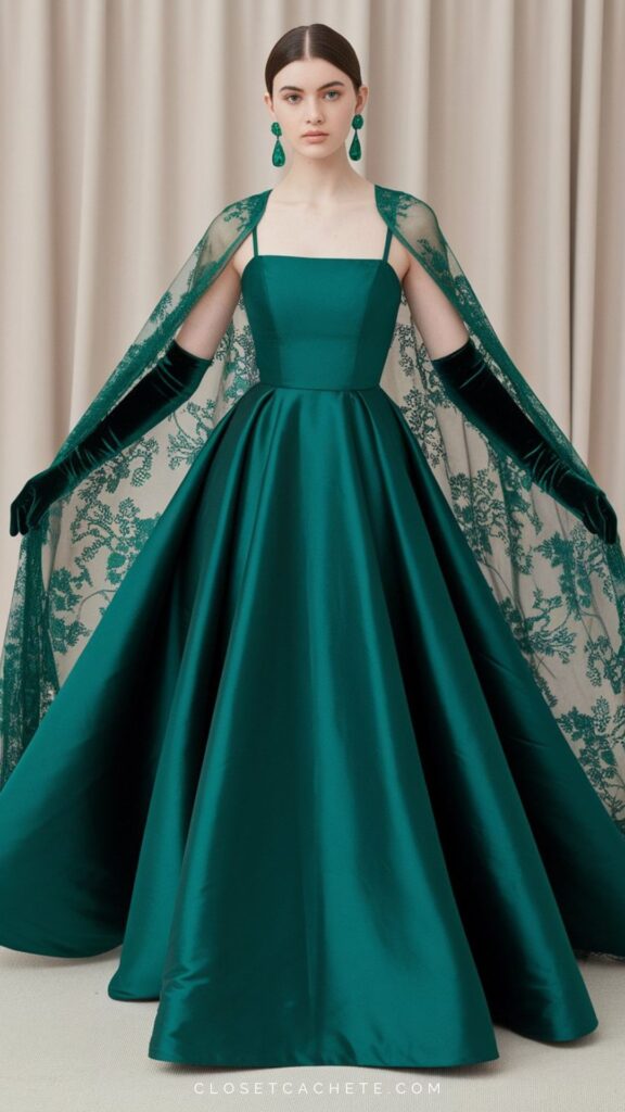 A model showcases a formal green ball gown with a fitted bodice and a full skirt crafted from glossy fabric, paired with elegant long black velvet gloves. The look is enhanced by a delicate sheer overlay with intricate floral lace detailing draped around the shoulders, and the model wears statement drop earrings in a matching green hue. The background is a soft, neutral tone that highlights the dress's rich color and sophisticated design.