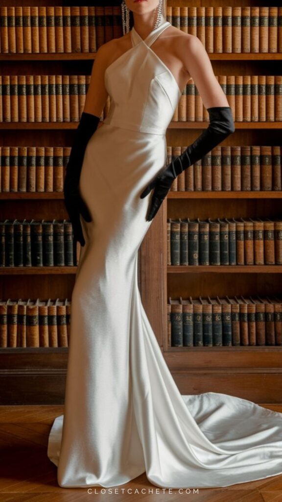 The gown features a sleek, white silhouette with a halter neckline that elegantly crosses at the front, complemented by fitted bodice details. Long, black satin gloves add a dramatic contrast, while a sweeping train cascades behind, enhancing the formal white tie aesthetic. The backdrop of wooden shelves lined with books provides a classic setting that underscores the gown's sophistication.