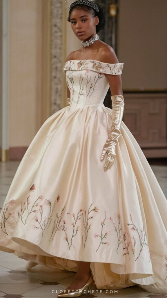 The dress features a structured, off-the-shoulder bodice in a soft ivory satin, adorned with delicate floral embroidery in pastel pinks and greens along the skirt's hem. Long, shiny satin gloves complement the elegant silhouette, while the model's accessories include a pearl choker and a sophisticated netted headpiece. The full, flowing skirt creates a dramatic effect, ideal for formal white tie events.