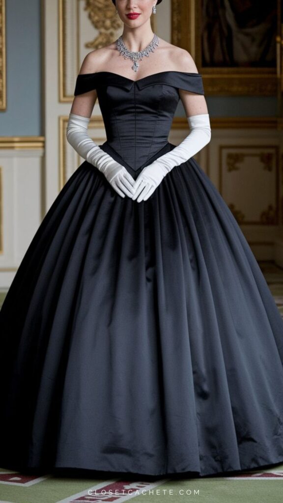 The image features a woman in an elegant black evening gown suitable for white tie events, characterized by an off-the-shoulder neckline and a fitted bodice that flares out into a full skirt. She wears long white gloves and a statement necklace, adding a touch of sophistication to her classic look. The gown's luxurious fabric and timeless silhouette embody the formal style expected at high-society occasions.