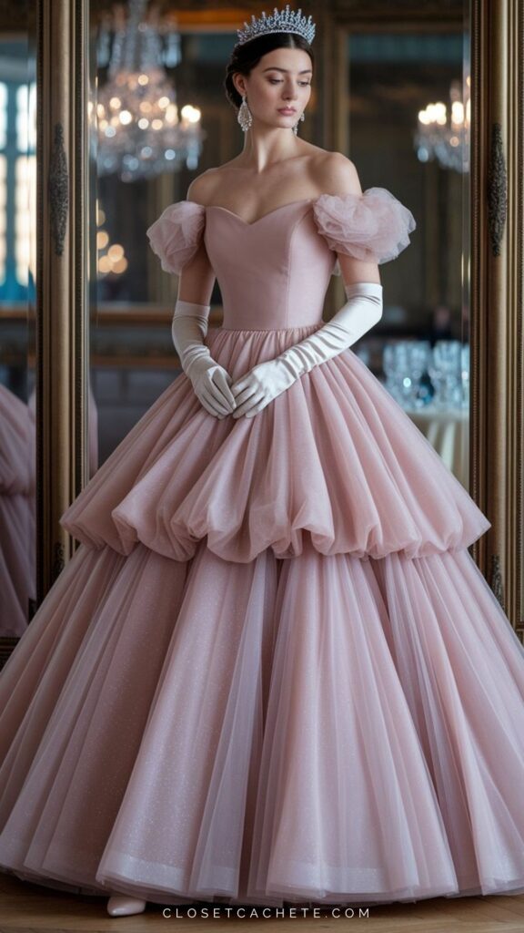 A floor-length pink ball gown, tailored for formal white tie events, features an off-the-shoulder sweetheart neckline and elegant puff sleeves made of sheer fabric. The dress is adorned with layers of tulle, creating a full skirt that cascades gracefully, while white gloves and a tiara complement the sophisticated look. The scene is set in a luxurious room, reflecting a timeless elegance suitable for high society occasions.