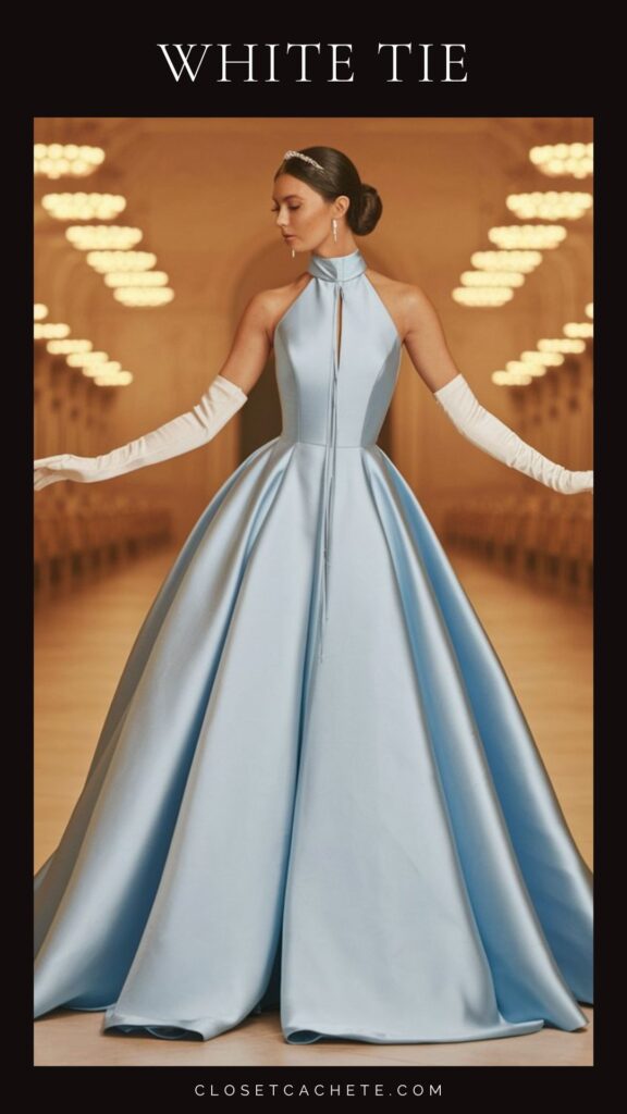 A sophisticated light blue gown features a high neck and a fitted bodice that transitions into a dramatic full skirt. The outfit is complemented by elegant white gloves, making it suitable for a formal white tie event. The polished fabric creates a refined and luxurious appearance.