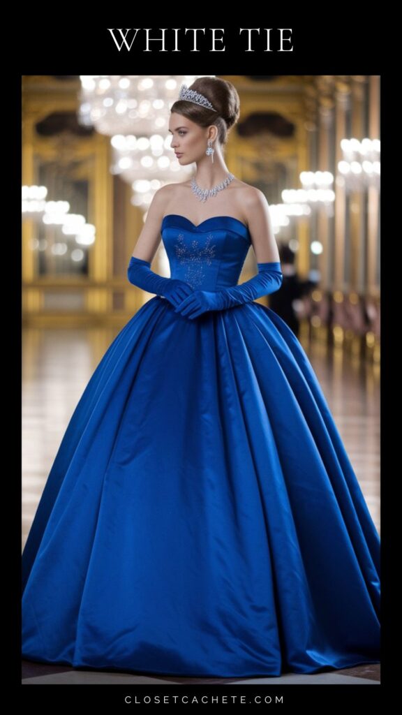 woman wearing a royal blue gown and royal blue opera gloves suitable for white tie attire