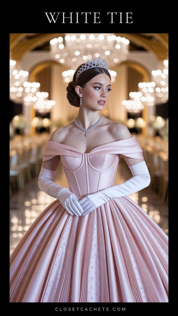Woman in very formal elegant pink silk evening ballgown and long white silk gloves with elegant updo hairstyle and tiara, representing the formal option for white tie dress code.