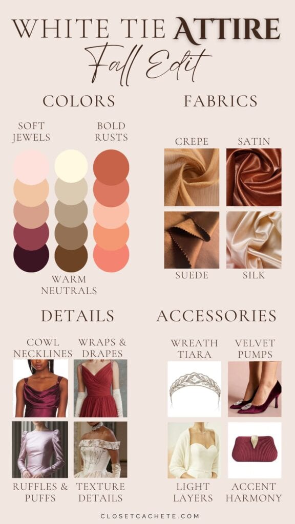 chart showing colors, fabrics, details and accessories to wear for fall white tie attire for women