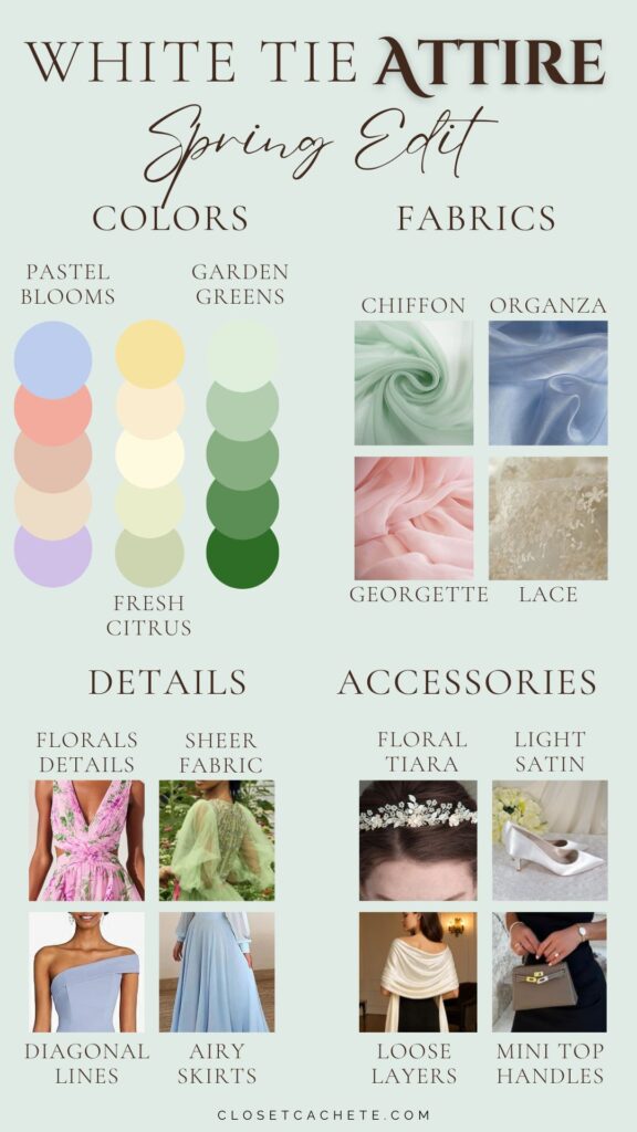 chart showing colors, fabrics, details and accessories to wear for spring white tie attire for women
