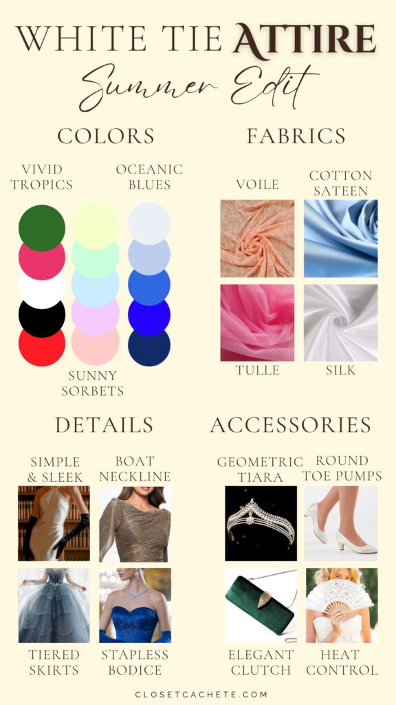 chart showing colors, fabrics, details and accessories to wear for summer white tie attire for women