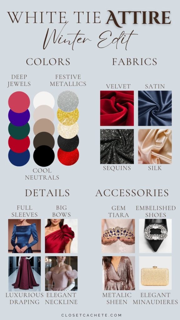 chart showing colors, fabrics, details and accessories to wear for winter white tie attire for women