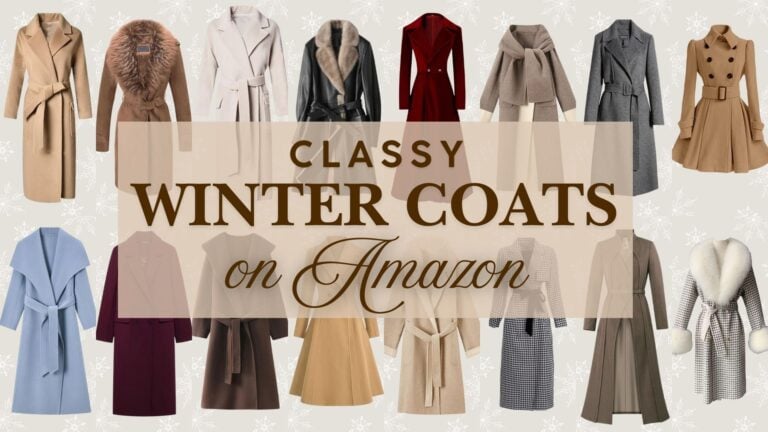 A collection of sophisticated women's winter coats showcases a variety of styles and colors, including neutral tones, elegant textures, and luxurious fur collars. Each coat features tailored silhouettes, unique details like belted waists and oversized lapels, conveying an air of classiness and warmth suitable for cold weather. The ensemble emphasizes fashionable options that merge chic aesthetics with functionality, available at surprising price points on Amazon.