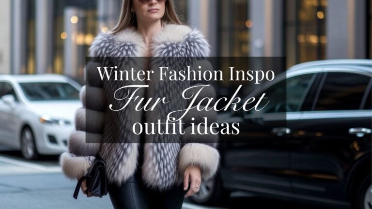 The outfit features a luxurious, faux fur jacket with a striking color gradient, combining shades of gray and white that evoke a sense of elegance and sophistication. Paired with sleek, fitted black pants, the ensemble creates a timeless silhouette that flatters the wearer's figure while offering warmth and style for winter. Accessories like chic sunglasses and a structured handbag enhance the overall polished look, making it perfect for any winter occasion.