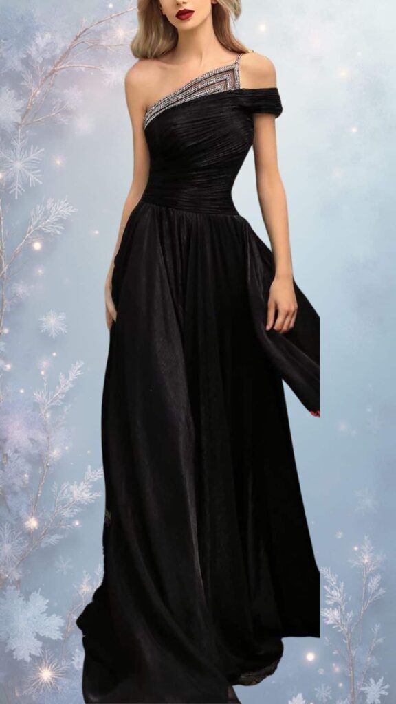 This elegant, floor-length winter formal dress features a one-shoulder neckline adorned with intricate beadwork for a touch of sophistication. The sleek black fabric has a soft, flowing texture, complemented by gentle draping that offers comfort while maintaining a chic silhouette. Ideal for fall and winter, this dress combines style with warmth, making it perfect for formal occasions.