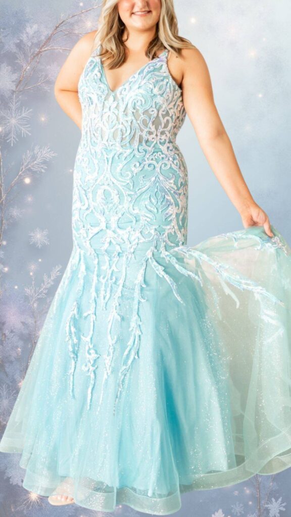 This elegant winter formal dress features a fitted bodice with a deep V-neckline and delicate, adjustable spaghetti straps. The textured design showcases intricate beadwork in shimmering shades of light blue, complemented by a flowing, layered tulle skirt that adds volume while maintaining a chic silhouette. The dress is adorned with striking embellishments that enhance its ethereal quality, making it a perfect choice for staying stylish.