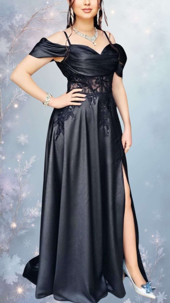 The dress features a floor-length design in a rich black satin, showcasing an off-the-shoulder sweetheart neckline with delicate straps. It includes intricate beadwork along the bodice and a thigh-high slit that adds a touch of elegance, making it suitable for chic fall and winter events while allowing for ease of movement. The fabric's smooth texture and shimmering finish enhance its sophisticated appeal.