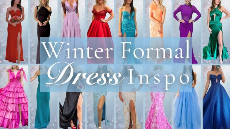 The collection features a variety of elegant winter formal dresses, showcasing diverse styles such as mermaid cuts, ball gowns, and fitted silhouettes. Key details include sleeveless designs, off-shoulder necklines, vibrant jewel tones, and intricate beadwork, along with options featuring side slits for a touch of sophistication. Textures range from smooth satin to shimmering sequins.