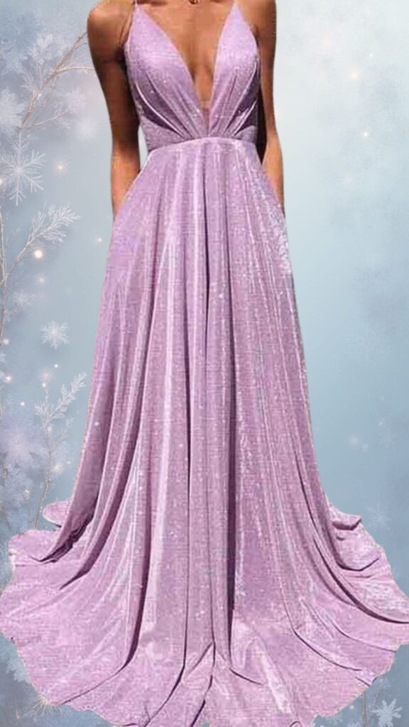 This elegant winter formal dress features a deep V-neckline and delicate spaghetti straps, creating a chic silhouette. The flowing A-line skirt is made of textured, shimmery fabric in a soft lilac hue, with a dramatic train that adds a touch of sophistication. The design is both warm and stylish, offering comfort without sacrificing class.