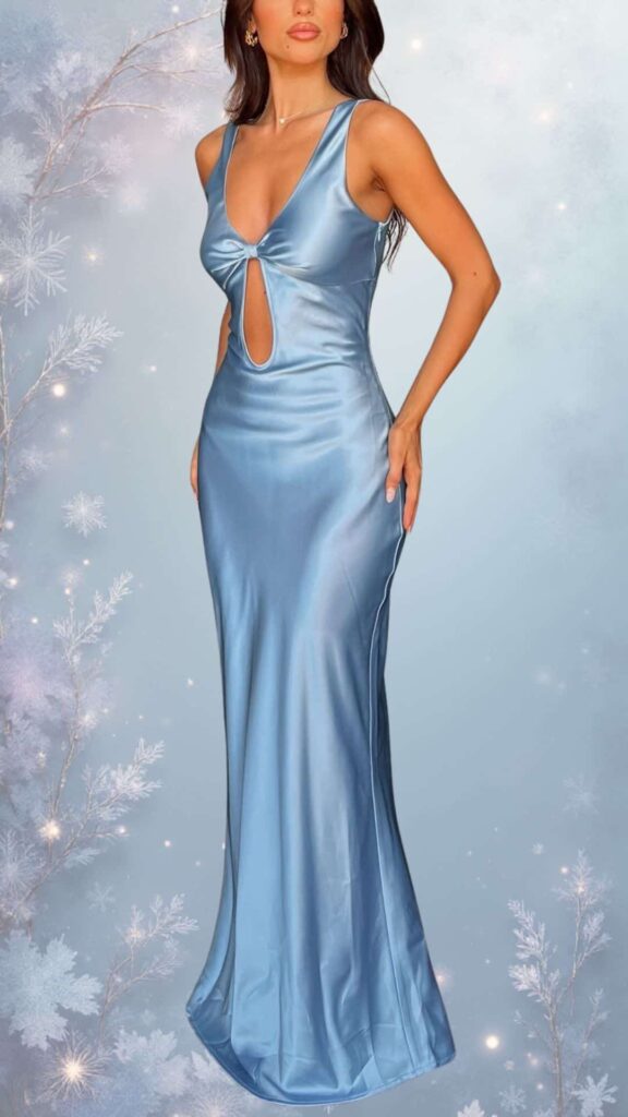 A sleek, floor-length winter formal dress in a soft, shimmering light blue fabric features a plunging neckline with a keyhole cutout adorned with a delicate knot. The dress showcases thin, sleeveless straps and a form-fitting silhouette, creating an elegant drape that flatters the figure while ensuring comfort and warmth for chilly weather.