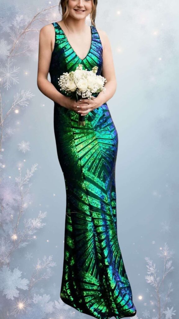 The dress features a sleek, floor-length silhouette with a plunging V-neckline and no sleeves, ideal for a chic winter formal event. Made from a shimmering sequined fabric in shades of deep green and blue, its rich texture creates a stunning visual effect, while the fitted design accentuates the body.