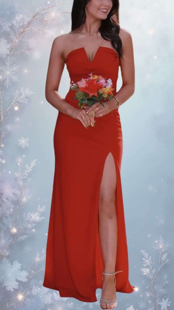 This elegant red winter formal dress features a strapless sweetheart neckline and a fitted silhouette that falls to the floor, offering a touch of sophistication. A thigh-high slit enhances its allure, while the smooth, soft texture creates a comfortable fit, perfect for staying chic and warm during winter events.