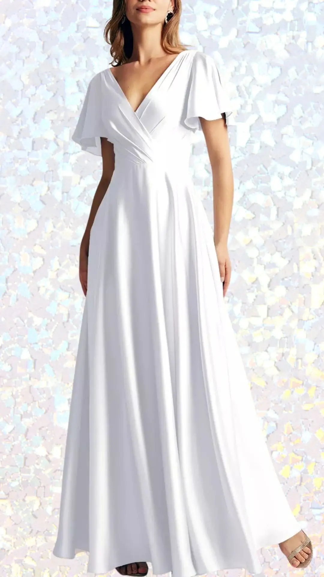 The long white winter formal dress features a soft, flowing fabric that drapes elegantly to the floor. It has flutter sleeves and a deep V-neckline, enhanced by subtle pleating at the bodice for added texture. The dress's classic silhouette is perfect for formal occasions, exuding timeless grace.