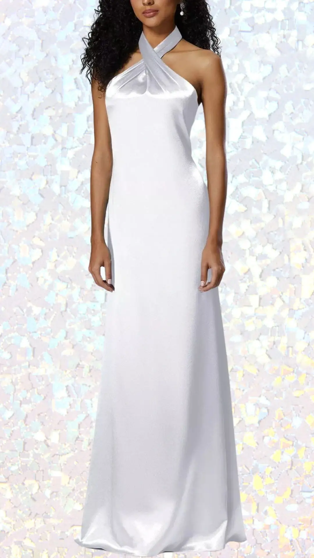 The long winter formal dress features a sleek, floor-length silhouette crafted from a soft, satin-like fabric that shimmers subtly in white. It includes a stylish halter neckline with crossed straps and showcases a classic, fitted bodice leading to a gently flowing skirt with no additional embellishments, emphasizing elegance and sophistication.