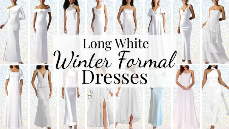 A collection of long white winter formal dresses featuring various styles, including off-the-shoulder and strapless necklines. Fabrics vary from sleek satin to textured pleats, with details like flowing layers, subtle embellishments, and delicate trims that enhance the elegance. Each dress embodies a blend of sophistication and charm, making them perfect choices for winter formal events.