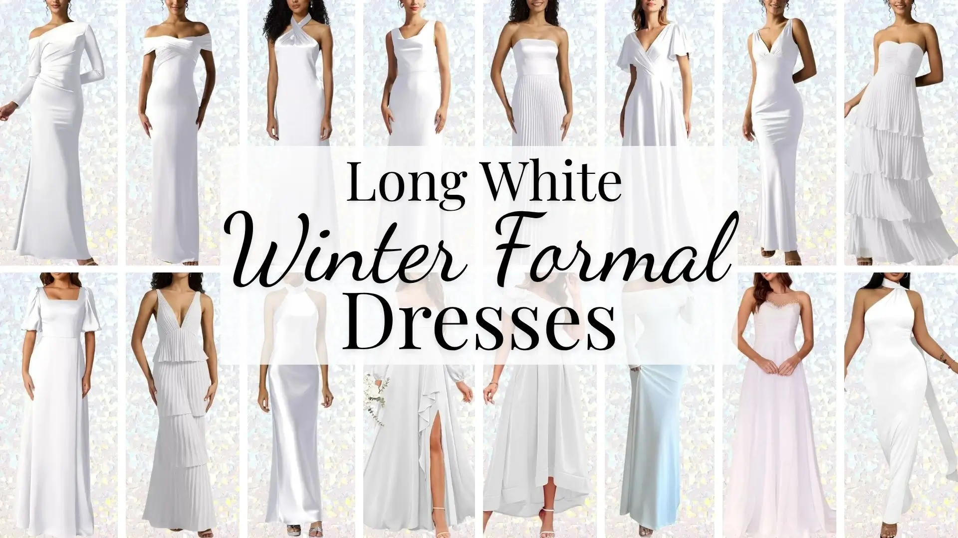 A collection of long white winter formal dresses featuring various styles, including off-the-shoulder and strapless necklines. Fabrics vary from sleek satin to textured pleats, with details like flowing layers, subtle embellishments, and delicate trims that enhance the elegance. Each dress embodies a blend of sophistication and charm, making them perfect choices for winter formal events.