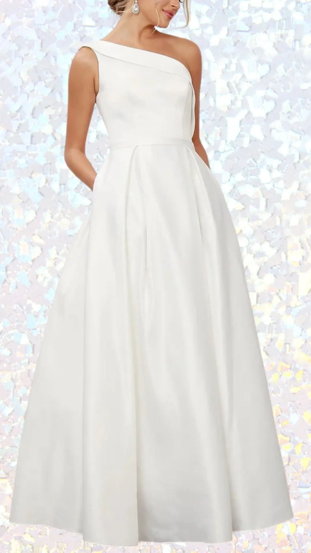 This elegant long white formal dress features a sophisticated one-shoulder neckline and a structured A-line silhouette made of smooth, lustrous fabric. The design includes subtle pleats that add volume and grace, making it a stunning choice for a school winter formal. The dress combines simplicity with refinement, perfect for a polished, timeless look.
