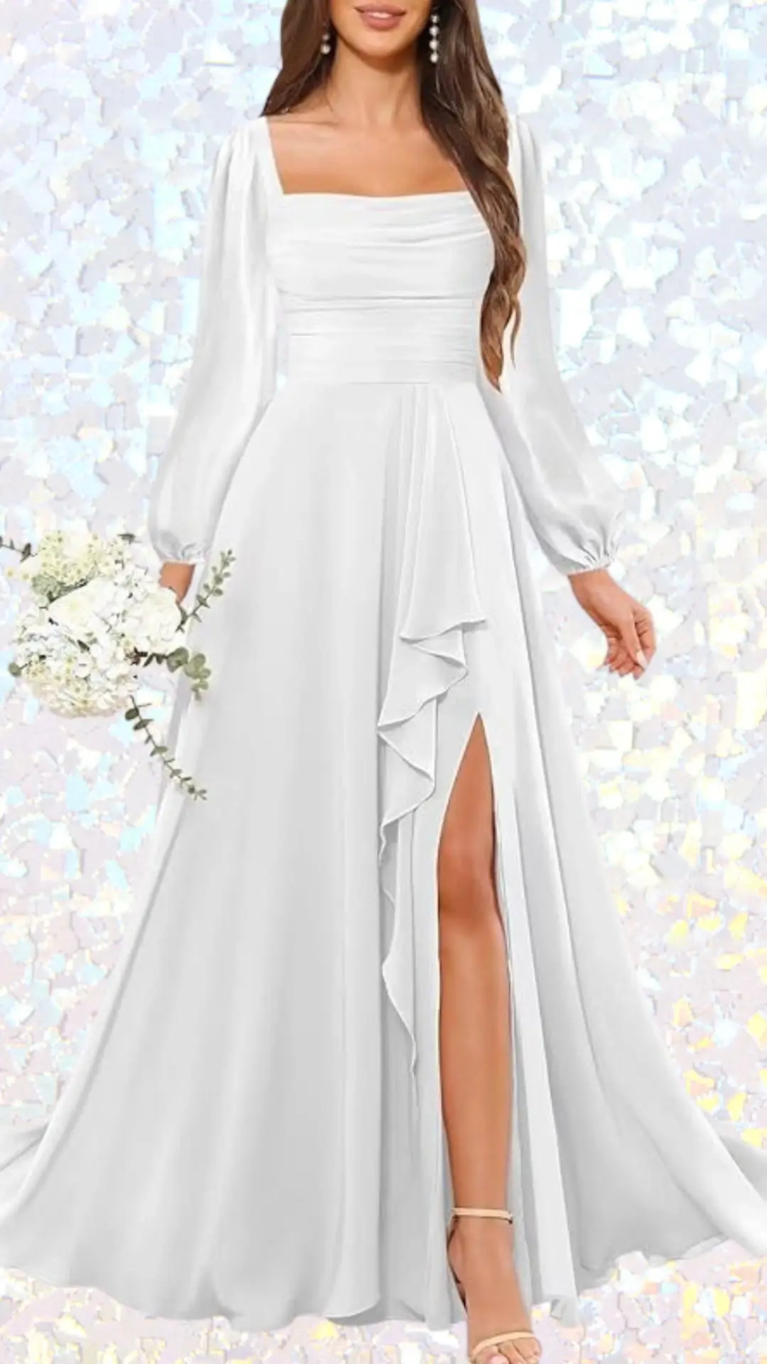 Long white winter formal dress featuring a smooth, flowing fabric with a soft sheen. It has a square neckline and elegant puff sleeves, complemented by delicate ruffles cascading down the front, creating a graceful side slit. The dress exudes sophistication, making it a stylish choice for a winter formal event.