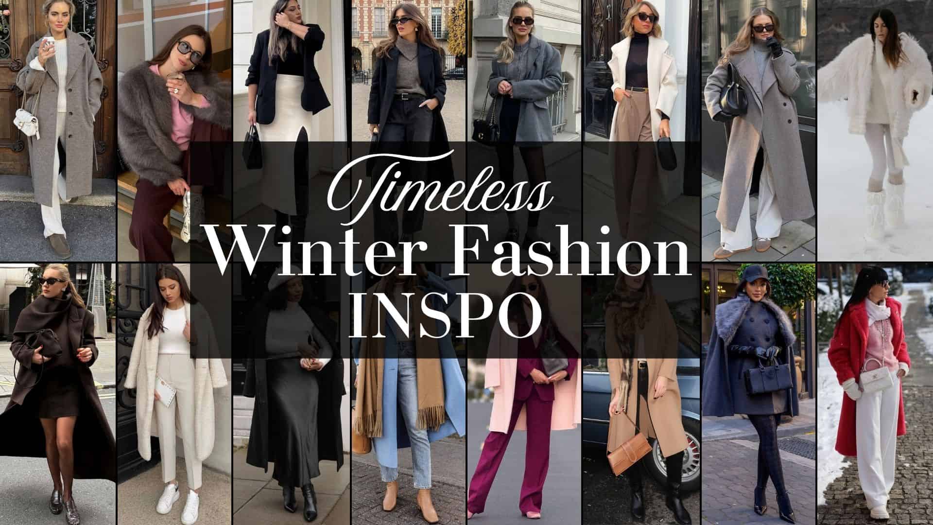 A collection of stylish winter outfits showcases a range of elegant garments, including long wool coats, fitted turtlenecks, and tailored trousers, all in muted tones like grey, beige, and soft pastels. Layers such as chunky knit sweaters and faux fur accents add texture, while accessories like structured handbags and statement sunglasses enhance the sophisticated vibe. The overall aesthetic is chic and timeless, ideal for winter fashion inspiration.