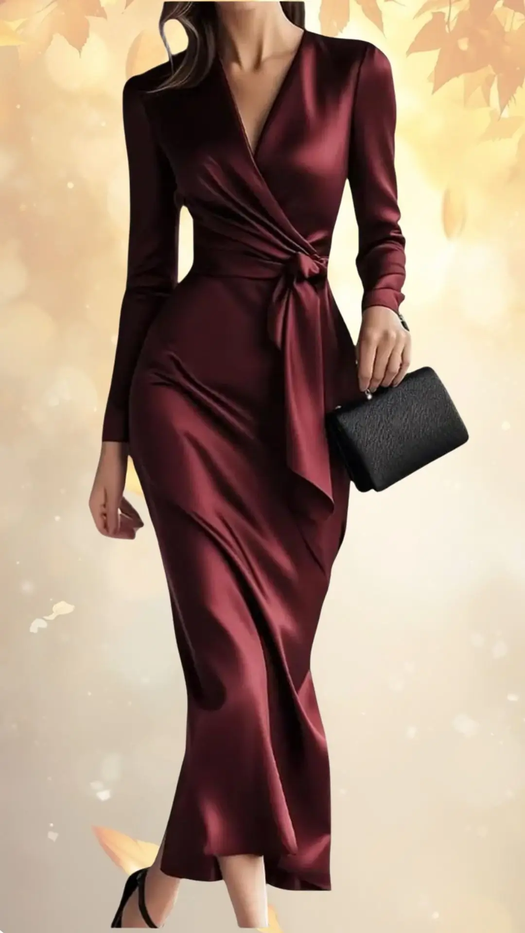 A long-sleeved, deep burgundy dress features a wrap design with draped fabric accentuating the waist, tied into a knot. The smooth gown falls gracefully to the floor, complemented by a black clutch in the model's hand. The background is softly blurred, enhancing the dress's vibrant color.