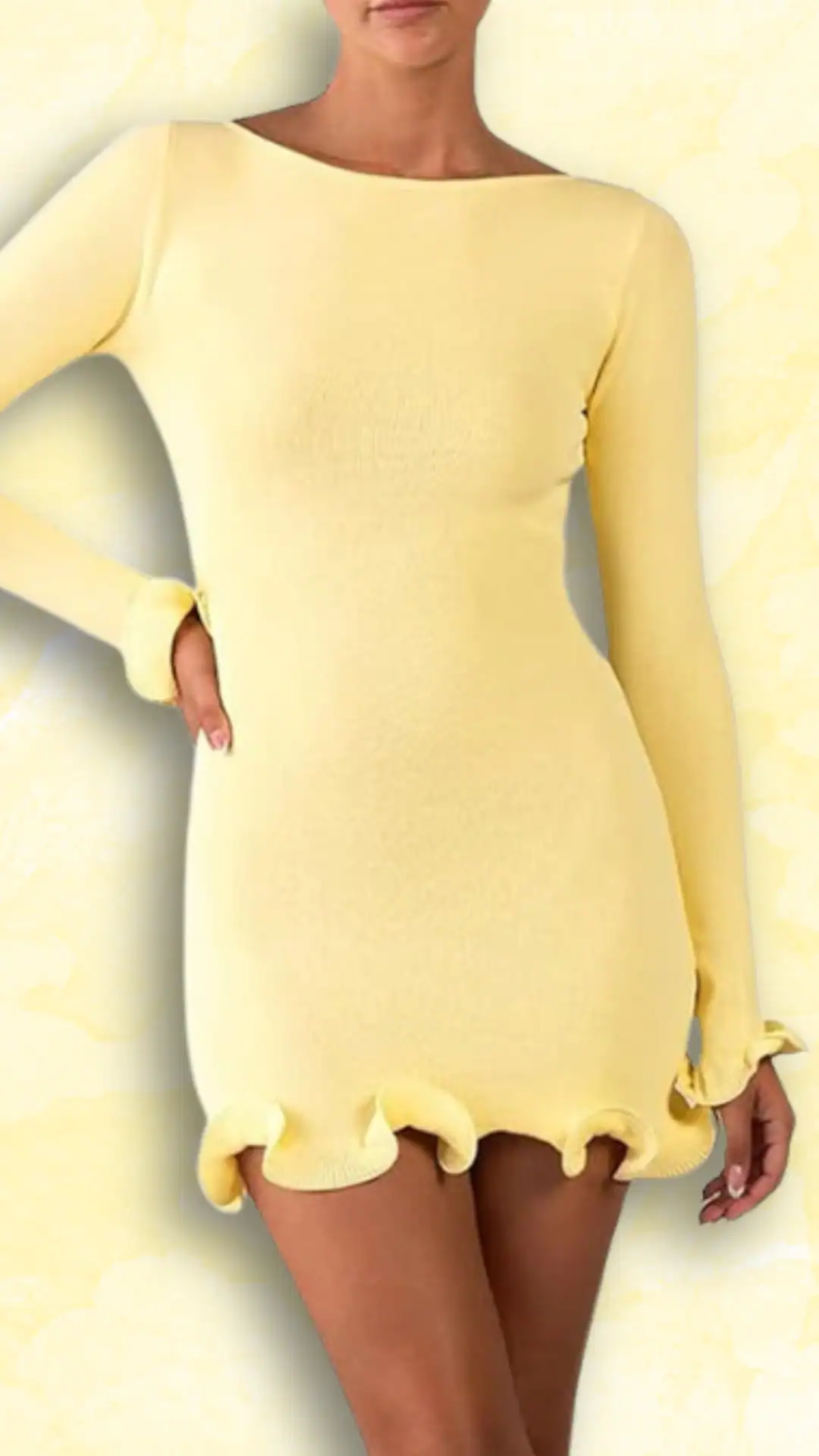 This sleek, body-hugging yellow dress features a soft, stretchy knit fabric with a smooth texture and a playful ruffled hemline, exuding a youthful and trendy vibe. Designed for homecoming or school dances, it has a fitted silhouette with long sleeves and adds a cheerful, vibrant touch to any teen's wardrobe.
