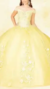 This vibrant yellow Quinceañera dress features a structured off-the-shoulder neckline and a fitted bodice adorned with intricate beadwork and floral embroidery. The voluminous skirt extends to the floor, embellished with elegant white floral appliqués that create a striking contrast against the bright yellow fabric. Crafted with layers of soft tulle, this dress offers a dreamy silhouette perfect for a formal celebration.