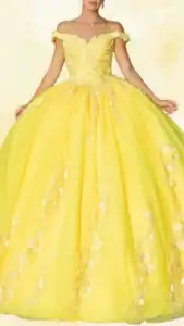 The dress features a vibrant, sunny yellow hue with an off-the-shoulder neckline and short sleeves adorned with floral embellishments. Its voluminous ball gown silhouette extends to a floor-length hemline, accented by intricate floral appliqués and shimmering sequins that cascade down the bodice and skirt. The combination of the bright yellow fabric and shimmering details creates an eye-catching, celebratory look perfect for a Quinceañera.