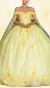 The dress features a vibrant buttercup yellow color with an off-the-shoulder neckline and delicate floral embellishments on the bodice. It has a full, ball gown silhouette accented with intricate embroidery and scattered floral appliqués, while a semi-sheer overlay adds elegance to the flowing skirt. The combination of soft yellows and intricate designs creates a visually stunning Quinceañera dress, perfect for a celebratory event.