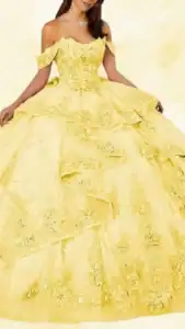 This yellow quinceañera dress features an off-the-shoulder neckline with intricate floral lace detailing on the bodice. The voluminous skirt is adorned with layered ruffles that enhance its dramatic flair, while a delicate pattern of flowers throughout adds elegance. The dress is a vibrant shade of sunny yellow, creating a bright and festive appearance.
